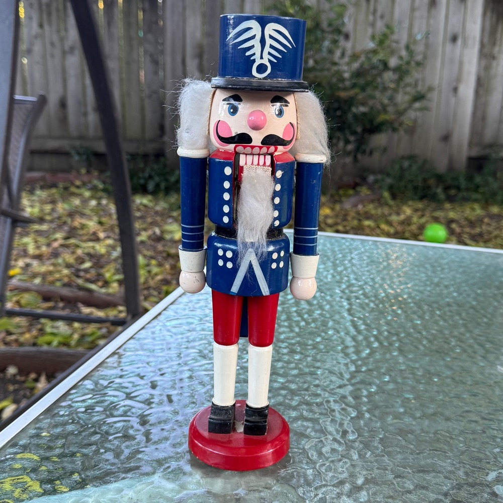 Vintage Wooden Nutcracker Soldier Blue Red White Christmas Decor 12.5 Inch